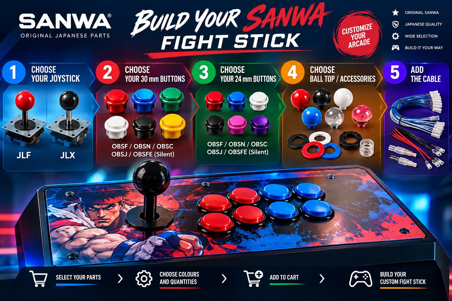 Build Your Sanwa Fight Stick — choose your joystick, 30 mm and 24 mm buttons, ball top and cable in 5 steps